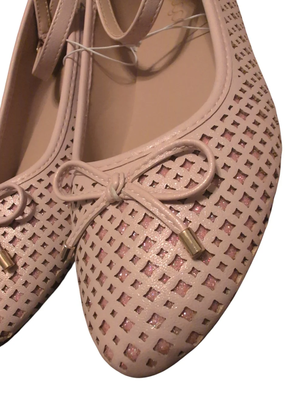 Sugar Rose Gold Pink Ankle-Strap Perforated Ballet Flats Big Girl Size 5